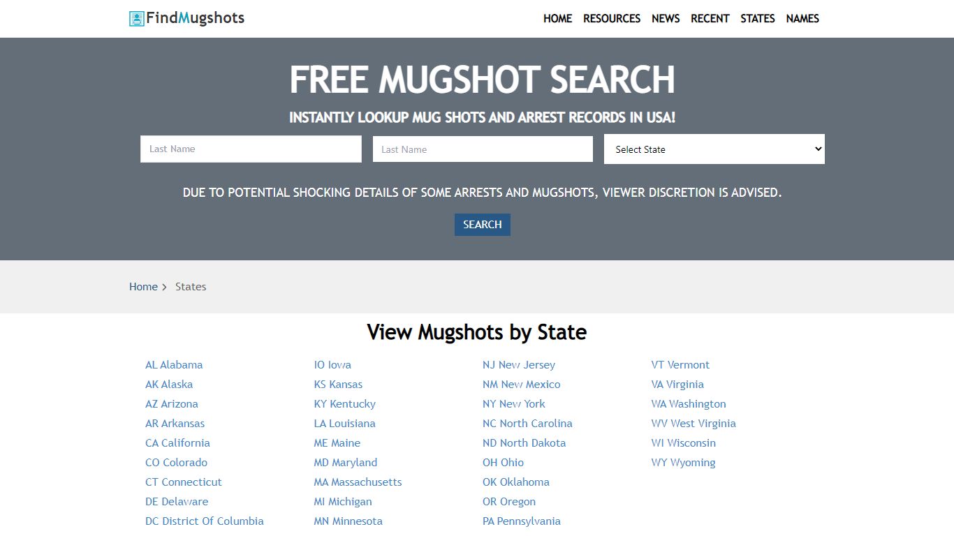 Free Mugshots Search - Find Mgushots - States